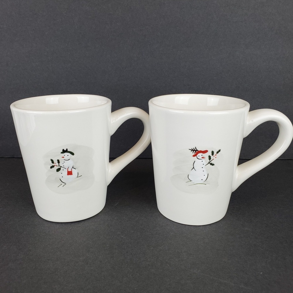 2 Williams Sonoma Simplistic Snowwomen 10 oz Mugs Coffee Tea Cocoa Holiday
